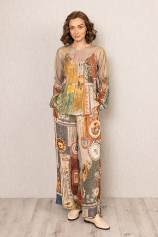 Multicolor rie sheer yoke blouse and pants