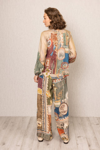 Multicolor rie sheer yoke blouse and pants
