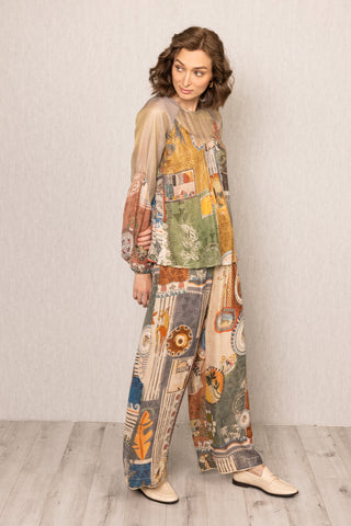 Multicolor rie sheer yoke blouse and pants