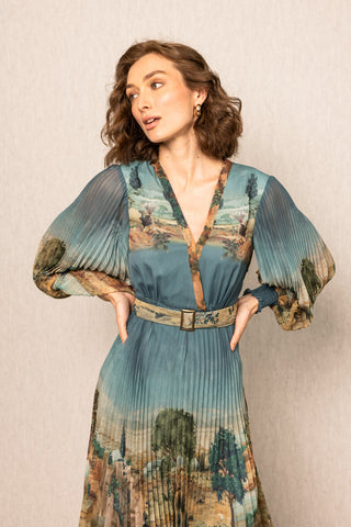 Teal blue evora pleated dress