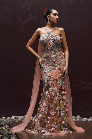 Gardenia floral applique draped dress