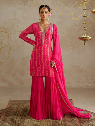 Pink Vine Tiered Sharara Set by Chhavvi Aggarwal available on Indiaspopup.com