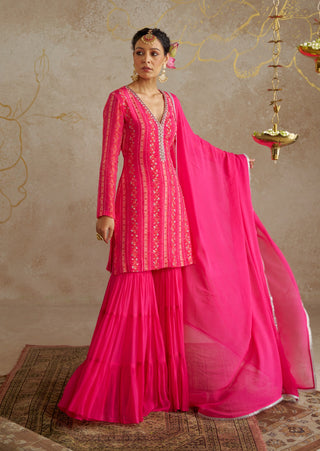 Pink Vine Tiered Sharara Set by Chhavvi Aggarwal available on Indiaspopup.com