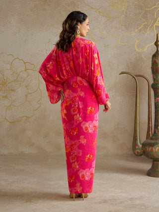 Pink Rose Draped Kaftan Dress by Chhavvi Aggarwal available on Indiaspopup.com