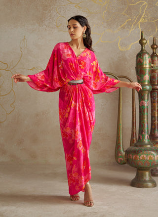 Pink Rose Draped Kaftan Dress by Chhavvi Aggarwal available on Indiaspopup.com