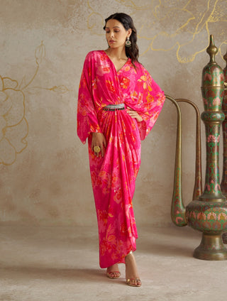 Pink Rose Draped Kaftan Dress by Chhavvi Aggarwal available on Indiaspopup.com