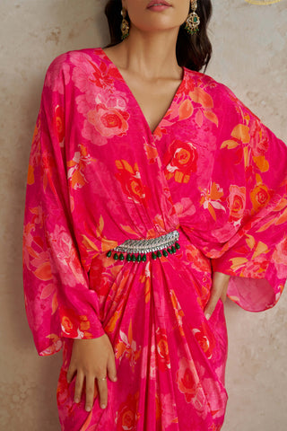 Pink Rose Draped Kaftan Dress by Chhavvi Aggarwal available on Indiaspopup.com