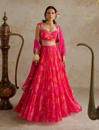 Pink Rose Printed Lehenga Set by Chhavvi Aggarwal available on Indiaspopup.com