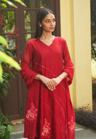 Crimson Floral Kurta Set by Vaayu available on Indiaspopup