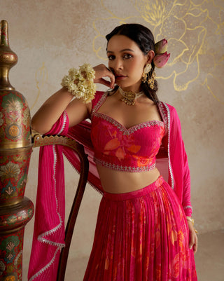 Pink Rose Printed Lehenga Set by Chhavvi Aggarwal available on Indiaspopup.com