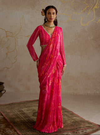 Hot Pink Pre- Draped Printed Sari And Blouse by Chhavvi Aggarwal available on Indiaspopup.com