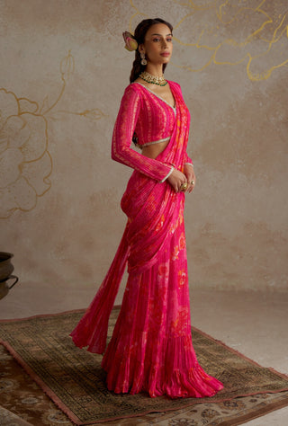 Hot Pink Pre- Draped Printed Sari And Blouse by Chhavvi Aggarwal available on Indiaspopup.com