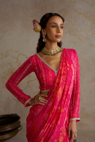 Hot Pink Pre- Draped Printed Sari And Blouse by Chhavvi Aggarwal available on Indiaspopup.com