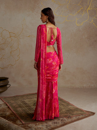 Hot Pink Pre- Draped Printed Sari And Blouse by Chhavvi Aggarwal available on Indiaspopup.com