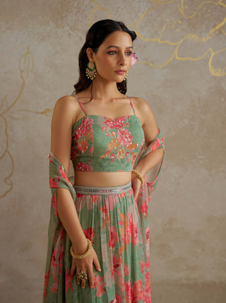 Jade Rose Lehenga With Cape Set by Chhavvi Aggarwal available on Indiaspopup.com