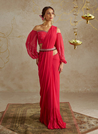 Coral Red Sari And Off-Shoulder Blouse by Chhavvi Aggarwal available on Indiaspopup.com