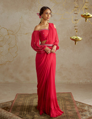 Coral Red Sari And Off-Shoulder Blouse by Chhavvi Aggarwal available on Indiaspopup.com