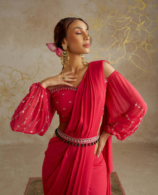 Coral Red Sari And Off-Shoulder Blouse by Chhavvi Aggarwal available on Indiaspopup.com