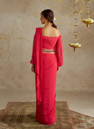 Coral Red Sari And Off-Shoulder Blouse by Chhavvi Aggarwal available on Indiaspopup.com