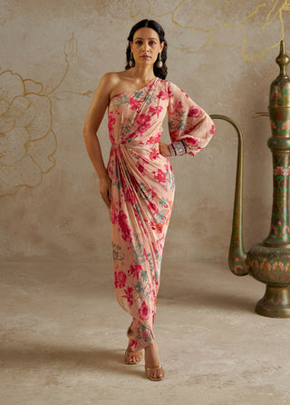 Blush Rose One-Shoulder Draped Dress by Chhavvi Aggarwal available on Indiaspopup.com