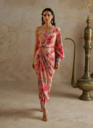 Blush Rose One-Shoulder Draped Dress by Chhavvi Aggarwal available on Indiaspopup.com