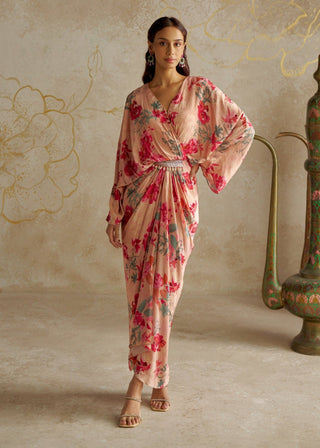 Blush Rose Draped Kaftan Dress by Chhavvi Aggarwal available on Indiaspopup.com