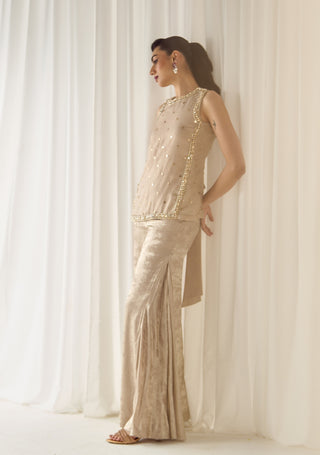 Beige mukaish-work tunic and palazzo