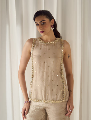 Beige mukaish-work tunic and palazzo