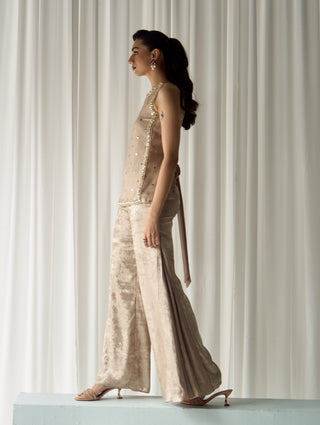 Beige mukaish-work tunic and palazzo