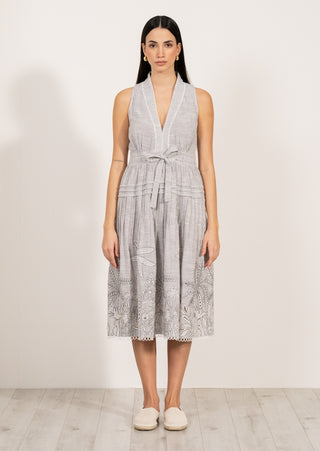 Adela gray halter neck pleated midi dress