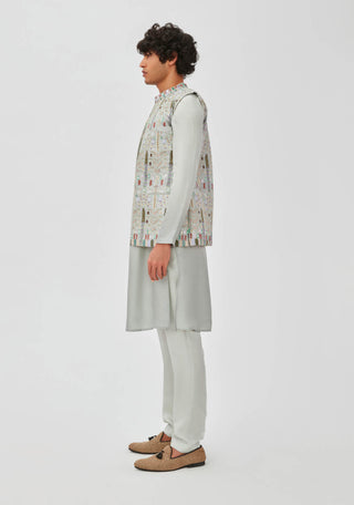 Aisha Rao Men-Roshan Gray Blue Kurta Bundi Set-INDIASPOPUP.COM