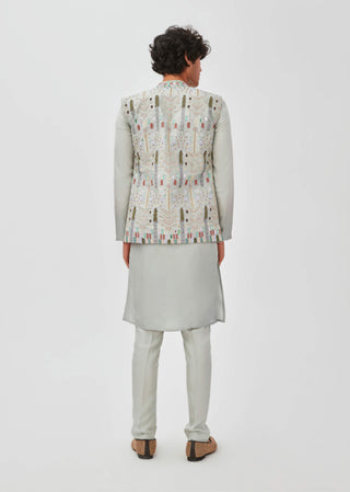 Aisha Rao Men-Roshan Gray Blue Kurta Bundi Set-INDIASPOPUP.COM