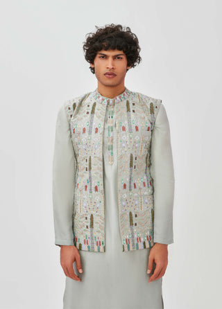 Aisha Rao Men-Roshan Gray Blue Kurta Bundi Set-INDIASPOPUP.COM