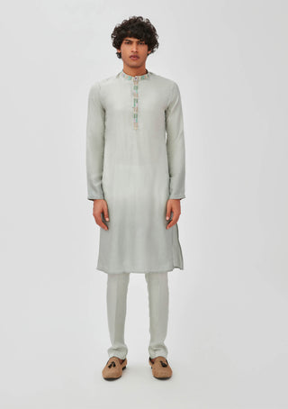 Aisha Rao Men-Roshan Gray Blue Kurta Bundi Set-INDIASPOPUP.COM