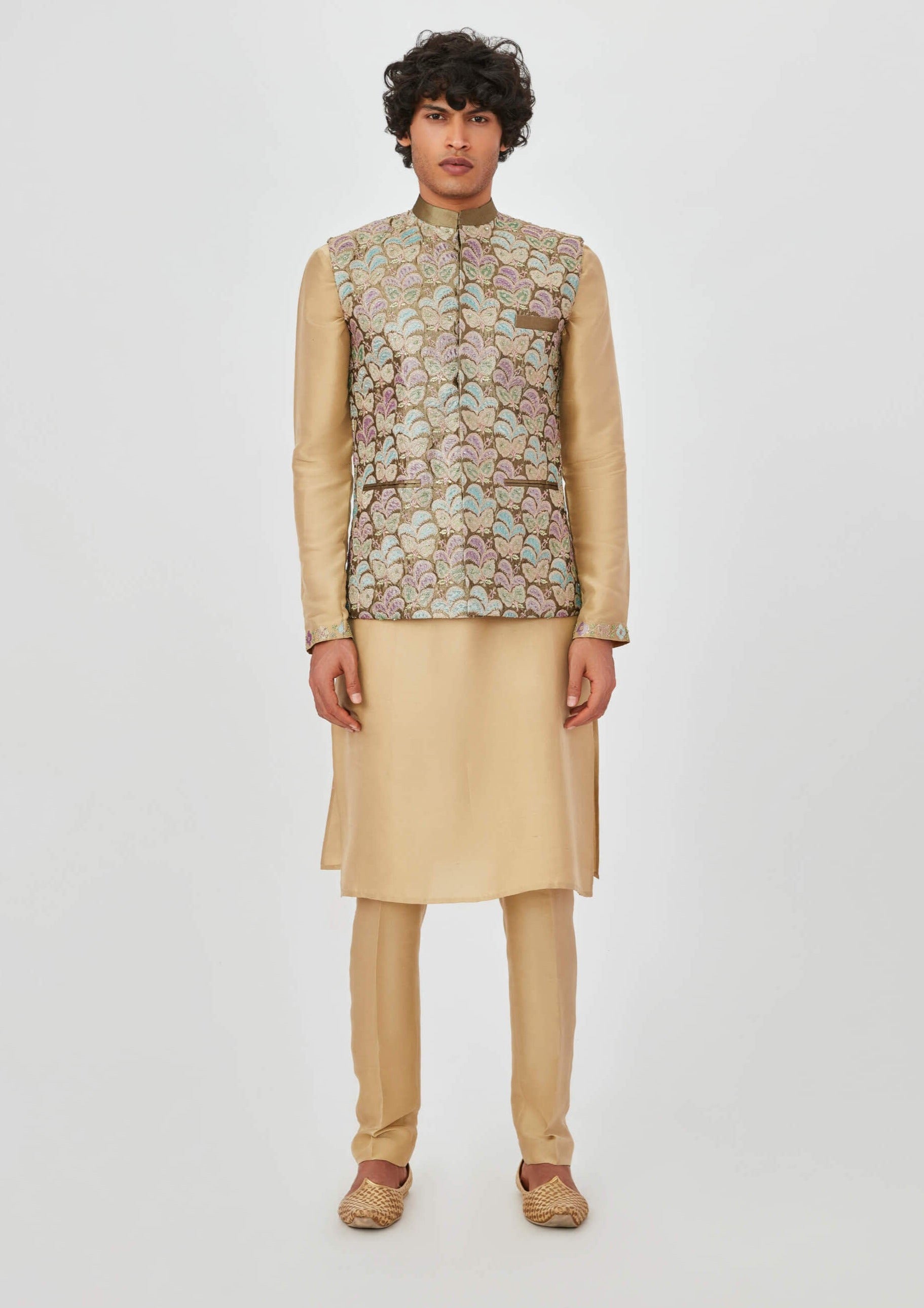 Aisha Rao Men Arman Taupe Sand Kurta Bundi Set - Main Image
