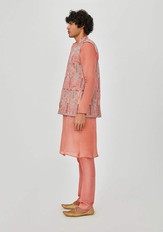 Aisha Rao Men-Kian Coral Pink Bundi Kurta Set-INDIASPOPUP.COM