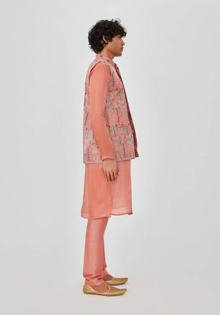 Aisha Rao Men-Kian Coral Pink Bundi Kurta Set-INDIASPOPUP.COM