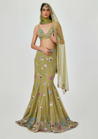 Aisha Rao-Zarina Olive Green Mermaid Skirt And Bustier-INDIASPOPUP.COM