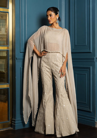 Valarie Champagne Poncho And Flared Pant Set by Charu & Vasundhara available on Indiaspopup.com