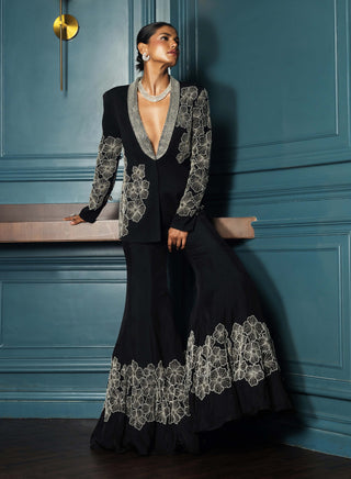 Vega Black Blazer And Flared Pants by Charu & Vasundhara available on Indiaspopup.com