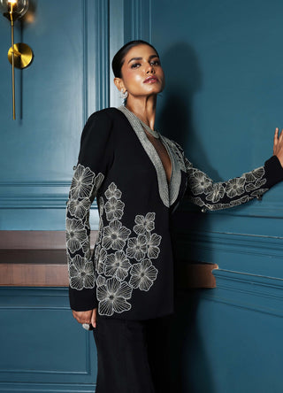 Vega Black Blazer And Flared Pants by Charu & Vasundhara available on Indiaspopup.com