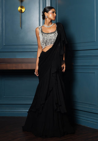 Vaughn black ruffle sari and blouse