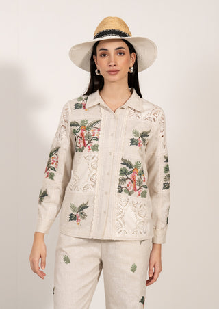 Esme beige button-down shirt and pants