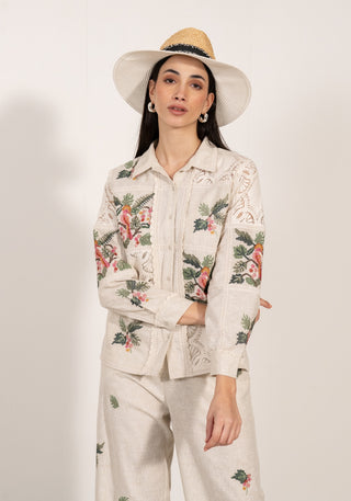 Esme beige button-down shirt and pants