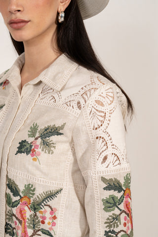 Esme beige button-down shirt and pants