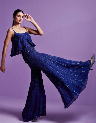 Parul Gandhi-Eclipse Blue Flared Pant And Blouse-INDIASPOPUP.COM