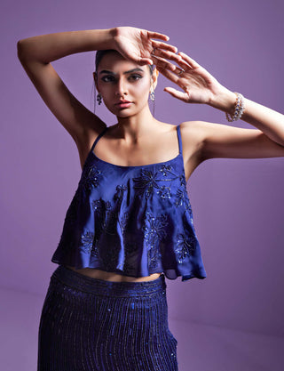 Parul Gandhi-Eclipse Blue Flared Pant And Blouse-INDIASPOPUP.COM