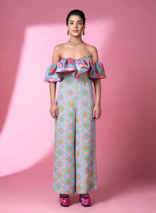 Aqua Geometric Print Jumpsuit by Siddhartha Bansal, available on Indiaspopup.com