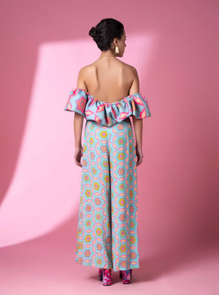 Aqua Geometric Print Jumpsuit by Siddhartha Bansal, available on Indiaspopup.com