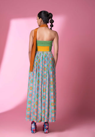 Aqua geometric print smocked dress